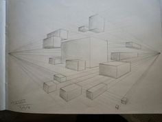 a pencil drawing of cubes and lines on paper