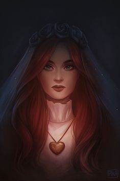 a woman with long red hair wearing a veil and holding a heart in her hand