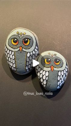 two owls painted on rocks sitting next to each other