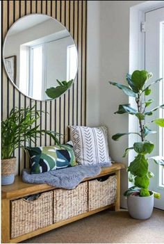 a mirror and some plants on a shelf in a room with striped wallpapers