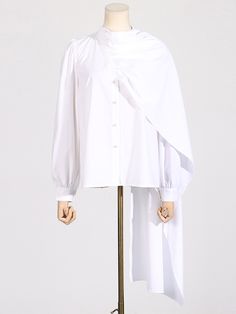 BLOUSE Luxury White Georgette Blouse, White Formal Blouse With Gathered Sleeves, Luxury White Relaxed Fit Blouse, Chic White Non-stretch Blouse, White Blouse With Roll-up Sleeves And Shirttail Hem, Tie Blouse, Womens Long Sleeve Shirts, Women's Shirt, Long Scarf