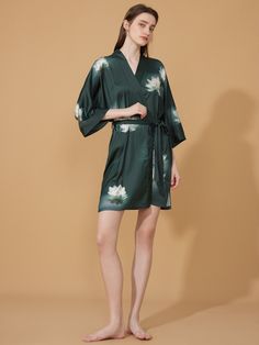 Crafted with meticulous attention to detail, our kimono robe embodies the essence of Eastern luxury, offering you a truly indulgent experience every time you slip it on. Its versatile design effortlessly transitions from leisurely mornings to elegant evenings, ensuring you stay elegant and refined throughout the day. • Silky Comfort: Made of high-quality polyester charmeuse, our robes are soft, lightweight and cooling for summer. They have a smooth and breathable texture that feels just like nat Short Kimono Robe, Silky Robe, Silk Kimono Robe, Floral Robes, White Lotus, Short Kimono, Print Kimonos, French Seam, Vintage Kimono