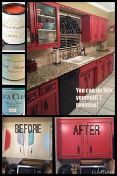 the before and after pictures of kitchen cabinets painted red with chalk paint on them,