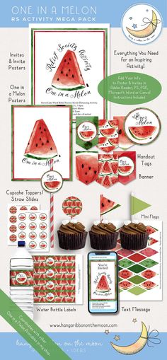 a watermelon themed party package with cupcakes, cake and other items