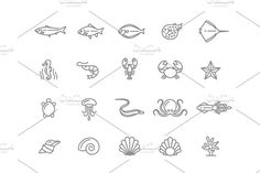 sea animals and fish line icons