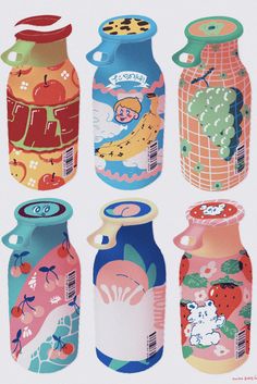 four painted vases with fruit and flowers on them are shown in different colors, shapes and sizes