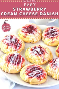 strawberry cream cheese danish cookies on a white plate with the title text overlay reads easy strawberry cream cheese danish