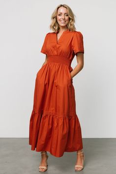 Vera Maxi Dress | Deep Rust - Baltic Born Orange Colour Dress, Rust Orange Dress, Short Sleeve Maxi Dress, Dress Name, Orange Maxi Dress, Burnt Orange Dress, Picnic Dress, Baltic Born, Mob Dresses