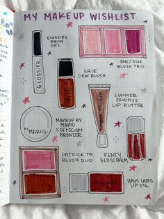 an open notebook with makeup items on it