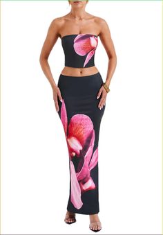 Matching Set Maxi Skirt, Long Skirt Set Two Pieces, Flower Two Piece Outfit, Long Skirt Party Outfit, Baddie Crop Tops, Two Piece Party Outfit, Tulum Fits, Brazil Clothes, Two Piece Long Skirt Set