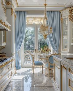 an elegant kitchen with blue curtains and gold trim on the windows, marble flooring