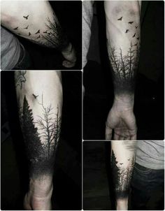 some tattoos on someone's arm that are black and white, with trees in the middle