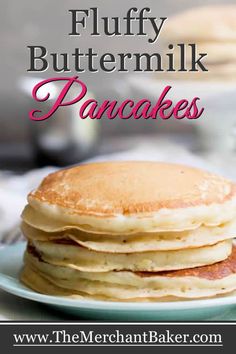 fluffy buttermilk pancakes on a plate with text overlay