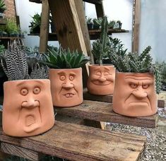 four planters with faces on them are sitting on a wooden bench in front of succulents