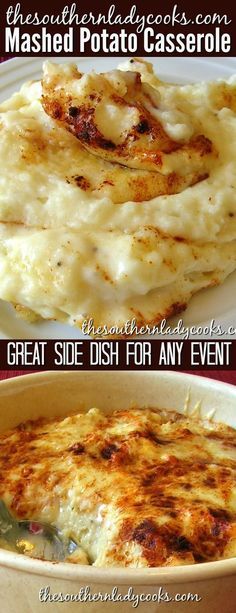 three different types of mashed potato casserole with text overlay that reads, how to make mashed potato casserole great side dish for any event