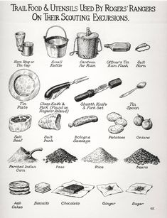 an old recipe book shows different types of food and utensils used by rogers ranchers on their scouting excursions