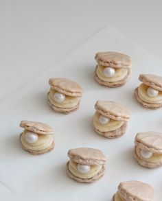 several cookies with white frosting and macaroni shells on a sheet of paper