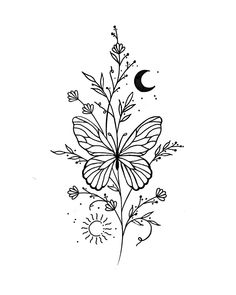 a black and white drawing of a flower with the moon in the sky behind it