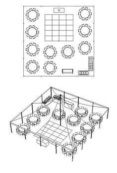 a drawing of an event room with tables and chairs, and a floor plan for the seating