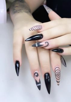 Simple Red Acrylic Nail Ideas, Basic Goth Nails, Cute Grunge Nails, Long Acrylic Designs, Grunge Nails Ideas, Dark Goth Nails, Edgy Dark Aesthetic, Short Almond Nails Ideas, Soft Grunge Nails