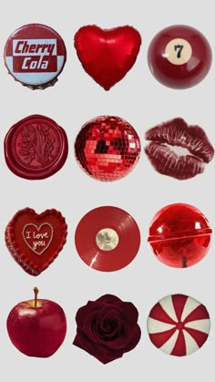 many different types of red and white objects