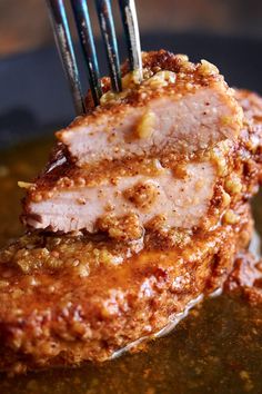 honey garlic instant pot pork chops on a fork