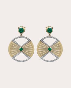 Crafted from 14-karat gold, the Crepuscular earrings detail their circular drops with radial motifs to reflect solar inspiration. Round-cut emeralds and pavé-set diamonds create dimensional shimmer. From SIM and ROZ’s Equinox Collection, pieces inspired by the cycle of day and night. Post-back closure 14k yellow gold, emerald and diamond Carat: 0.57 ctw diamond, 0.7 ctw emerald Diamond color: E-F Diamond clarity: VS2 Polish with soft cloth Handmade in Turkey Measurements Drop diameter: 0.8in Diamond Carat, Diamond Color, Emerald Diamond, Day And Night, Diamond Clarity, Colored Diamonds, Round Cut, Yellow Gold, Drop Earrings