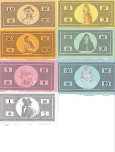 four different types of money are shown in this image, each with the same woman's face on it