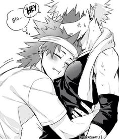 two anime characters hugging each other in black and white