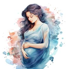 the pregnant woman is wearing a blue dress and her stomach is covered in watercolor