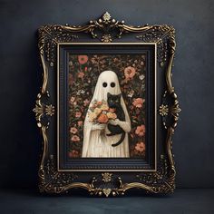 a painting of a ghost holding a black cat with flowers in it's arms