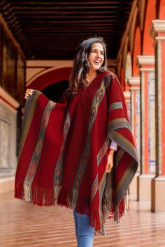 Backstrap Handwoven Baby Alpaca Poncho in Ruby Red - Sallac Artistry | NOVICA Luxury Multicolor Women's Poncho, Folk Style Red Poncho For Winter, Red Folk Style Poncho For Fall, Traditional Red Poncho For Fall, Traditional Red Fall Poncho, Bohemian Alpaca Wrap For Fall, Fall Handwoven Alpaca Shawl, Red Wool Shawl For Fall, Traditional Woven Winter Shawl