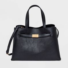 Belted Satchel Handbag - A New Day™ Black Classic Black Handbag, Black Handbag, Work Tote, Sleek Style, Black Purses, Sleek Fashion, Satchel Handbags, Audrey Hepburn, Black Handbags