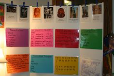 a bulletin board with several different types of notes attached to it and hanging on the wall