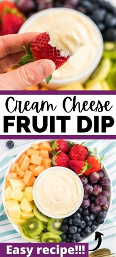 two pictures with different types of fruit and dips in them, one is made from cream cheese