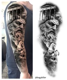 a man with tattoos on his arm and half sleeve that has an image of the greek temple