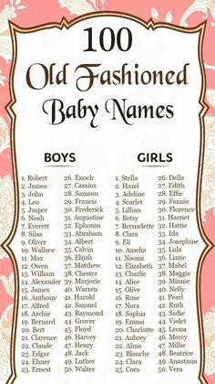 an old fashioned baby names poster with the names of boys and girls in brown on pink