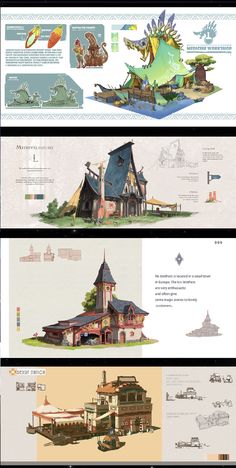 an info sheet showing different types of buildings and their architectural features, including the top half of