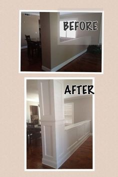 before and after pictures of a house with wood flooring, walls painted white to match the rest of the room