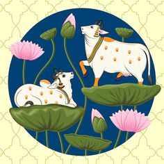 two cows sitting on top of lily pads in front of a blue background with white and pink flowers