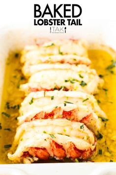 baked lobster tail with sauce and parsley on top in a baking dish, ready to be eaten