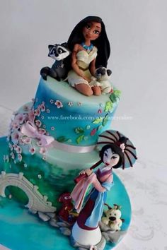 the cake is decorated with an image of princess and panda on top, along with other animals