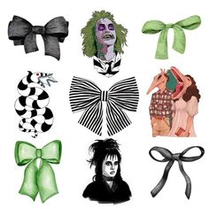 several different types of bow ties and hair clips on a white background with black and green designs