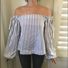 New Never Worn Stripe Cotton Poplin Long Sleeve Off Shoulder With Elastic Insert At Neck To Keep Stay On Body ,Ruched At Sleeve With Spaghetti Tie. Striped Off-shoulder Top For Spring, Striped Blouse For Summer Brunch, Chic Striped Blouse For Spring, Spring Striped Blouse For Brunch, Striped Blouse For Spring Brunch, Summer Striped Tops For Brunch, Fitted Striped Top For Brunch, Trendy Striped Tops For Brunch, Striped Off Shoulder Top