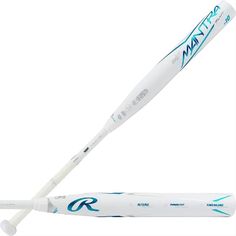 a white baseball bat with blue writing on it