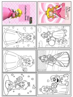 an image of the inside pages of a coloring book with princesses on it and other pictures