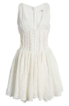 A plunging neckline, corset-style waist and ruffle-flared skirt add up to a charmingly flirty mini made elegant and romantic by broderie anglaise fabric. Exclusive retailer Back zip closure; front hook-and-eye closure V-neck Sleeveless Lined 92% cotton, 8% polyester Dry clean Imported Dainty Outfit, Broderie Anglaise Fabric, Cute Comfy Outfits, House Of Cb, Corset Style, Flared Skirt, Look Chic, Plunging Neckline, Nordstrom Dresses