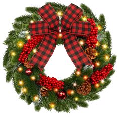 a christmas wreath with red berries, pine cones and lights on the front is shown