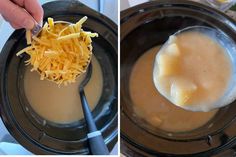 two pictures showing how to make cheese gravy in a slow cooker