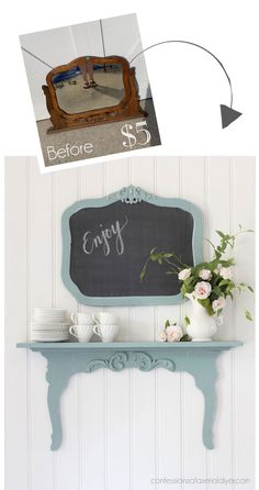 a chalkboard with the word enjoy painted on it next to a mirror and vase